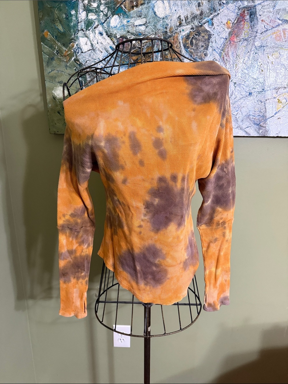 Free People Orange and Brown Tie-Dye Off-Shoulder Waffle Knit Top